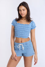 Chambray Smocked Off-Shoulder Cropped Top thumbnail 5