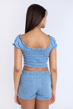 Chambray Smocked Off-Shoulder Cropped Top thumbnail 7