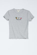T-shirt imprimé côtelé et brodé à ourlet festonné pour filles thumbnail 1