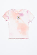 T-shirt côtelé à ourlet festonné et imprimé noué-teint de broderie de fleur pour filles thumbnail 1