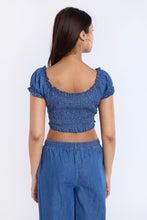 Chambray Smocked Off-Shoulder Cropped Top thumbnail 3