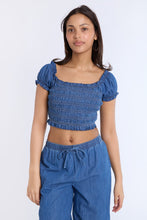 Chambray Smocked Off-Shoulder Cropped Top thumbnail 1
